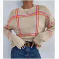 Women's plaid colour-block acrylic crew neck sweater in loose fit style