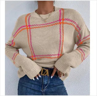 Women's plaid colour-block acrylic crew neck sweater in loose fit style