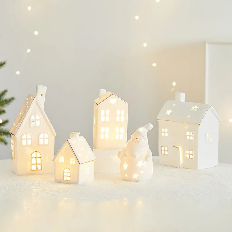 Ceramic Christmas snowman decoration with luminous glow on desktop
