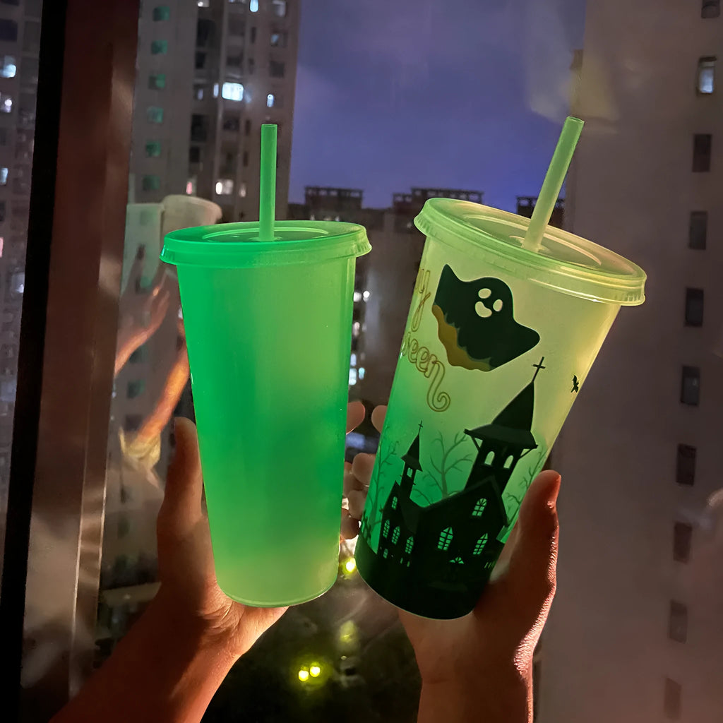 Halloween luminous plastic straw cup with 720ml capacity and cylindrical design