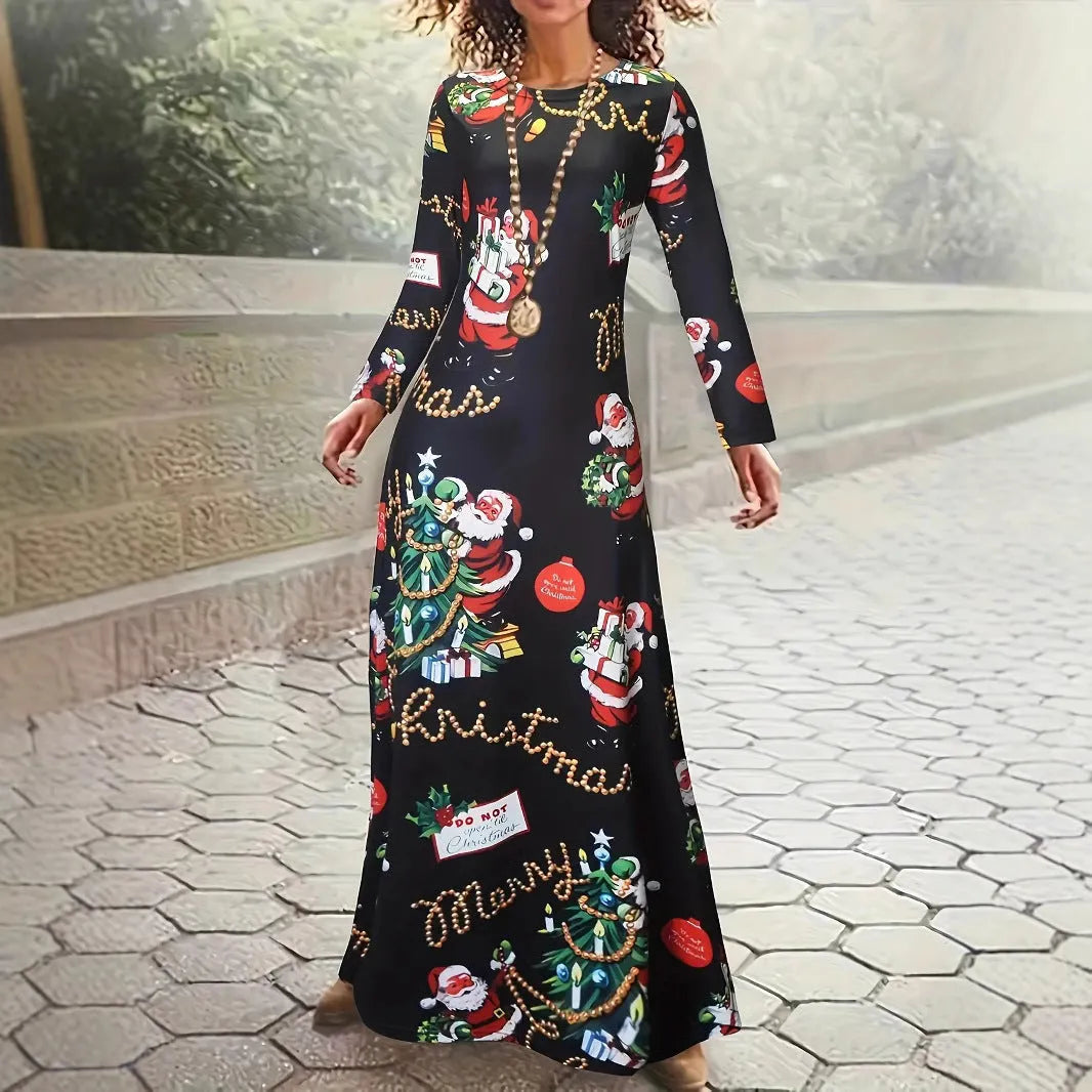 Santa Claus printed long sleeve polyester dress with leather stitching, black colour, front view