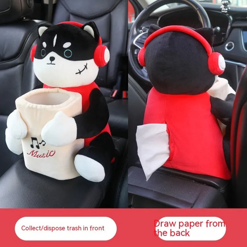 Plush fabric car tissue box hanging from vehicle armrest with dog-themed design options