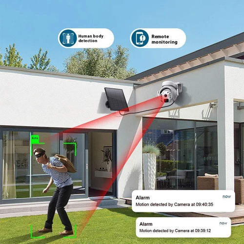Solar security camera in camouflage finish with solar panel and lens visible