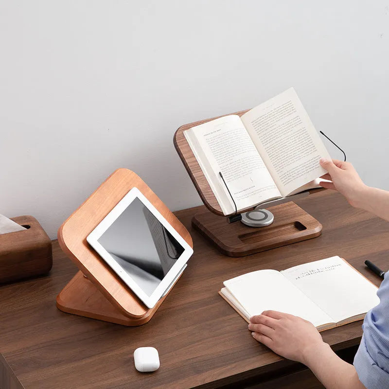 Walnut wood adjustable rotating reading rack holding book at angle