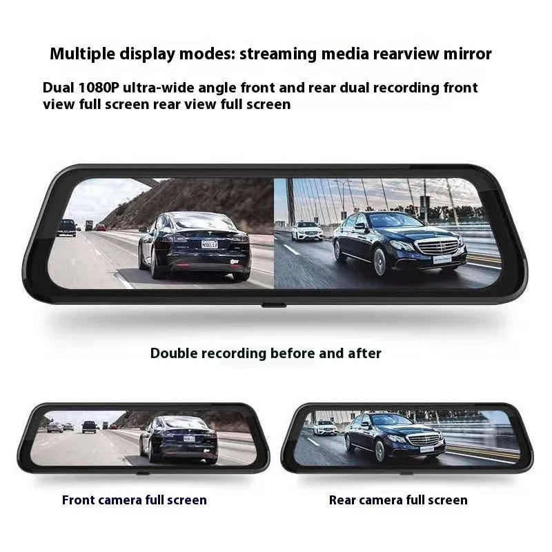 10-inch streaming media rearview mirror tachograph with front and rear dual lenses and touchscreen display