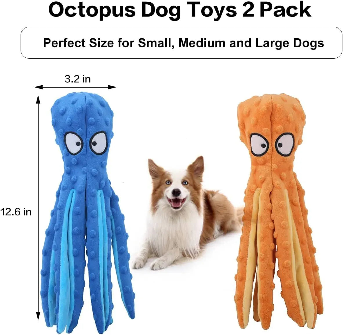Blue octopus-shaped plush dog toy with crinkle paper and squeaker, no stuffing, for small medium large dogs.