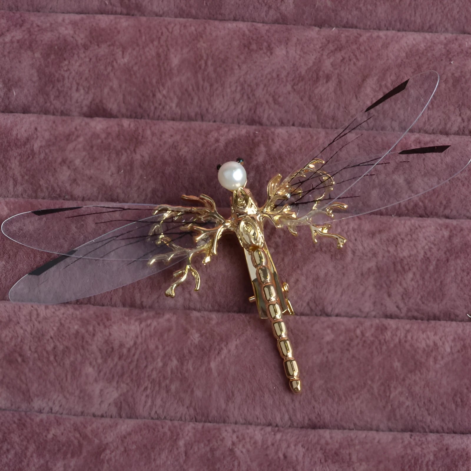 Golden dragonfly shaped side clip headdress for women with electroplated finish
