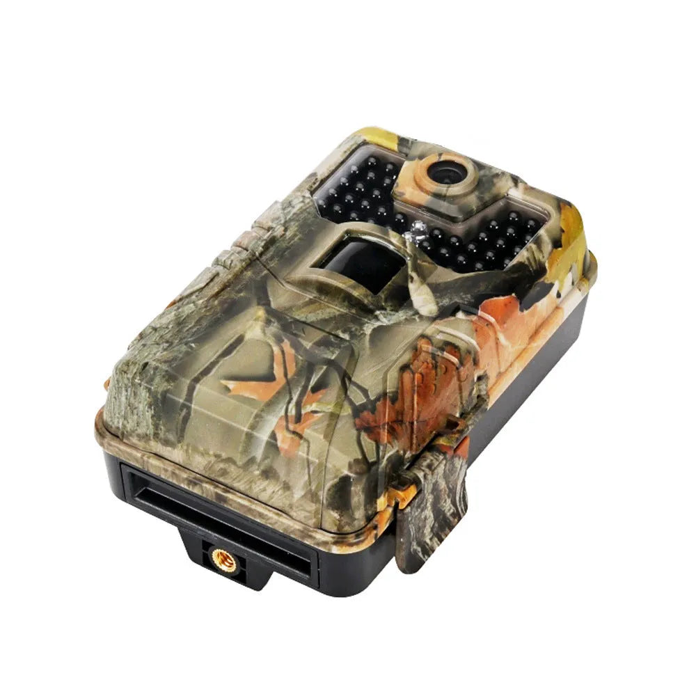 Camouflage trail camera with LCD screen showing a night-time infrared image of a deer.
