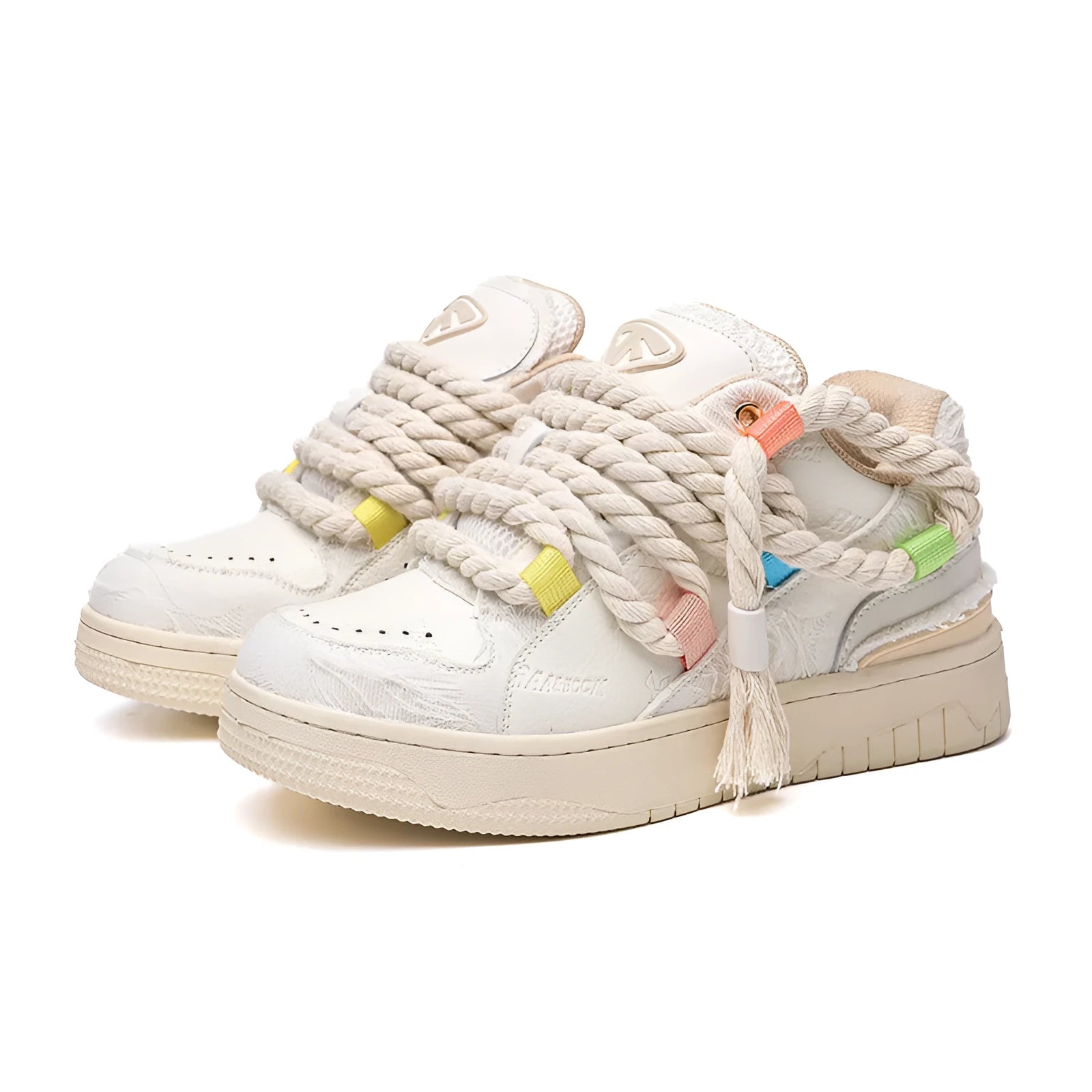 Creamy white retro skate shoes with candy-colour stitching and low platform heel