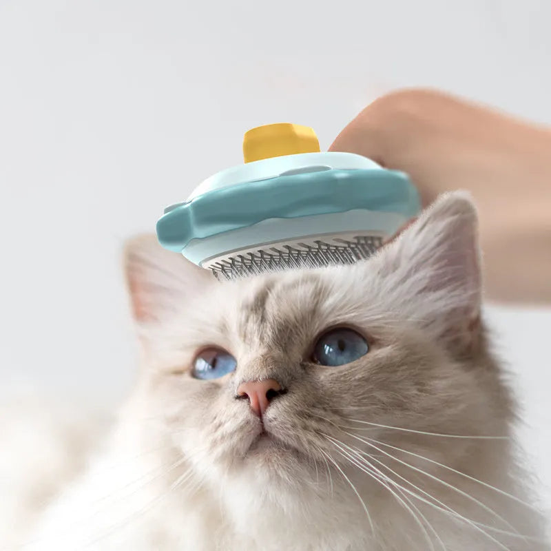 One-click cat comb in stainless steel, 200x90x50mm, with open knot small comb, available in Blue, Pink, or Yellow