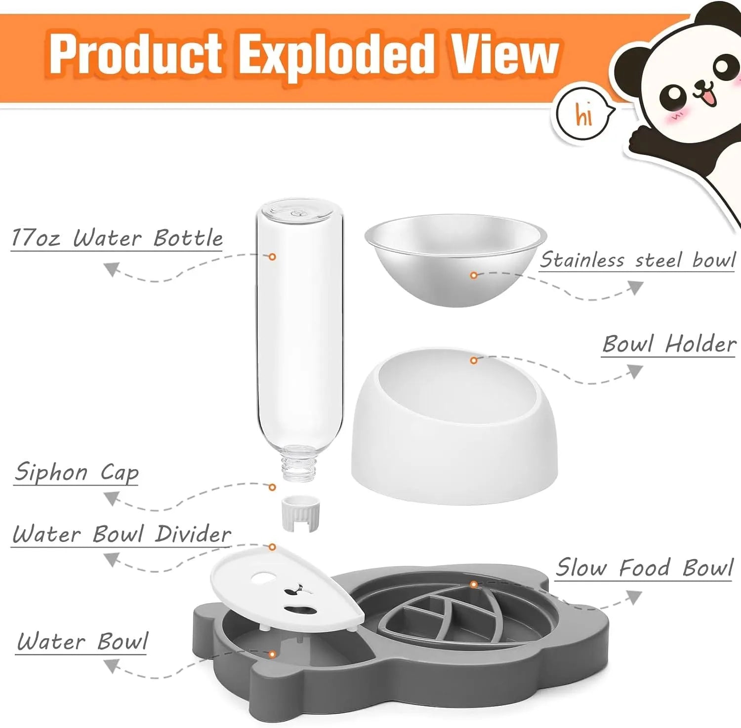 Grey tilted elevated pet bowl set with automatic water dispenser bottle and panda design