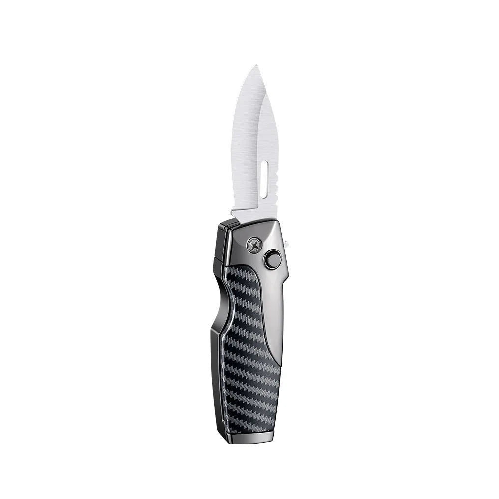 Zinc alloy metal folding lighter with jet flame and knife blade in black brown wood finish
