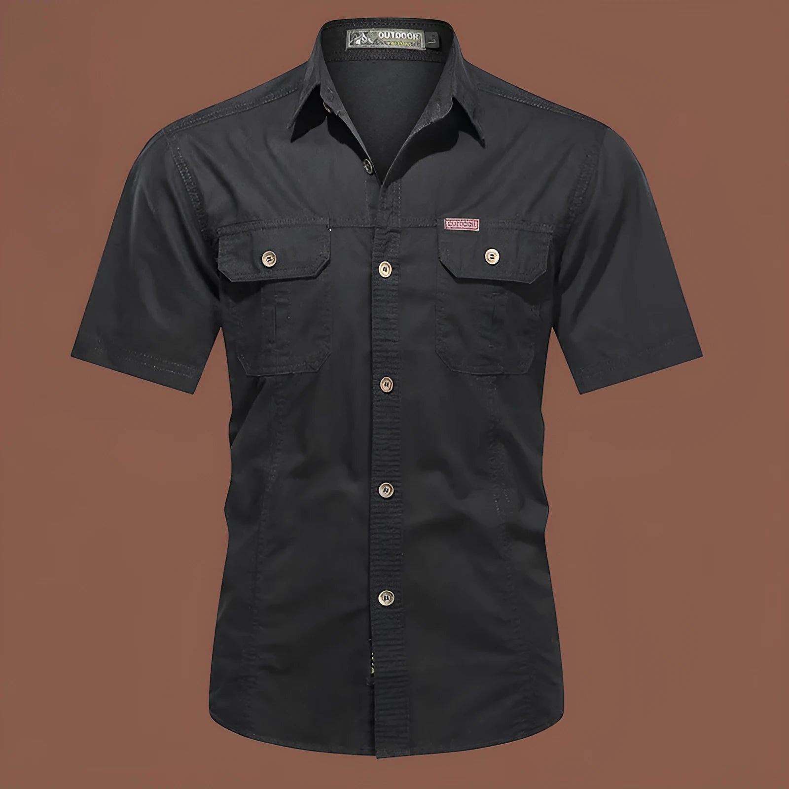 Men's loose fit cotton work shirt in army green with short sleeves and button front.