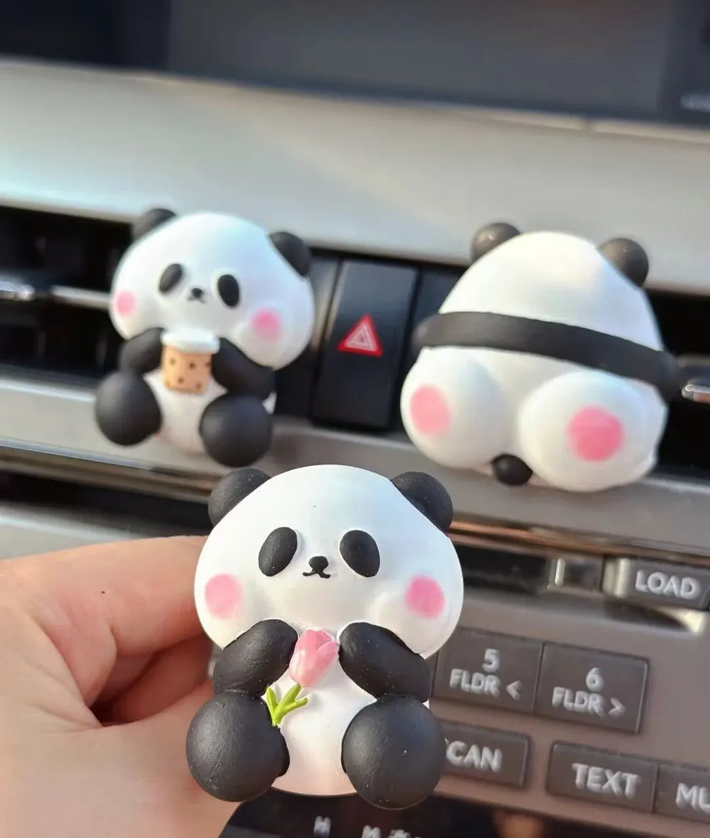 Panda car vent perfume decoration showing three design options: milk tea panda, flower panda and back panda