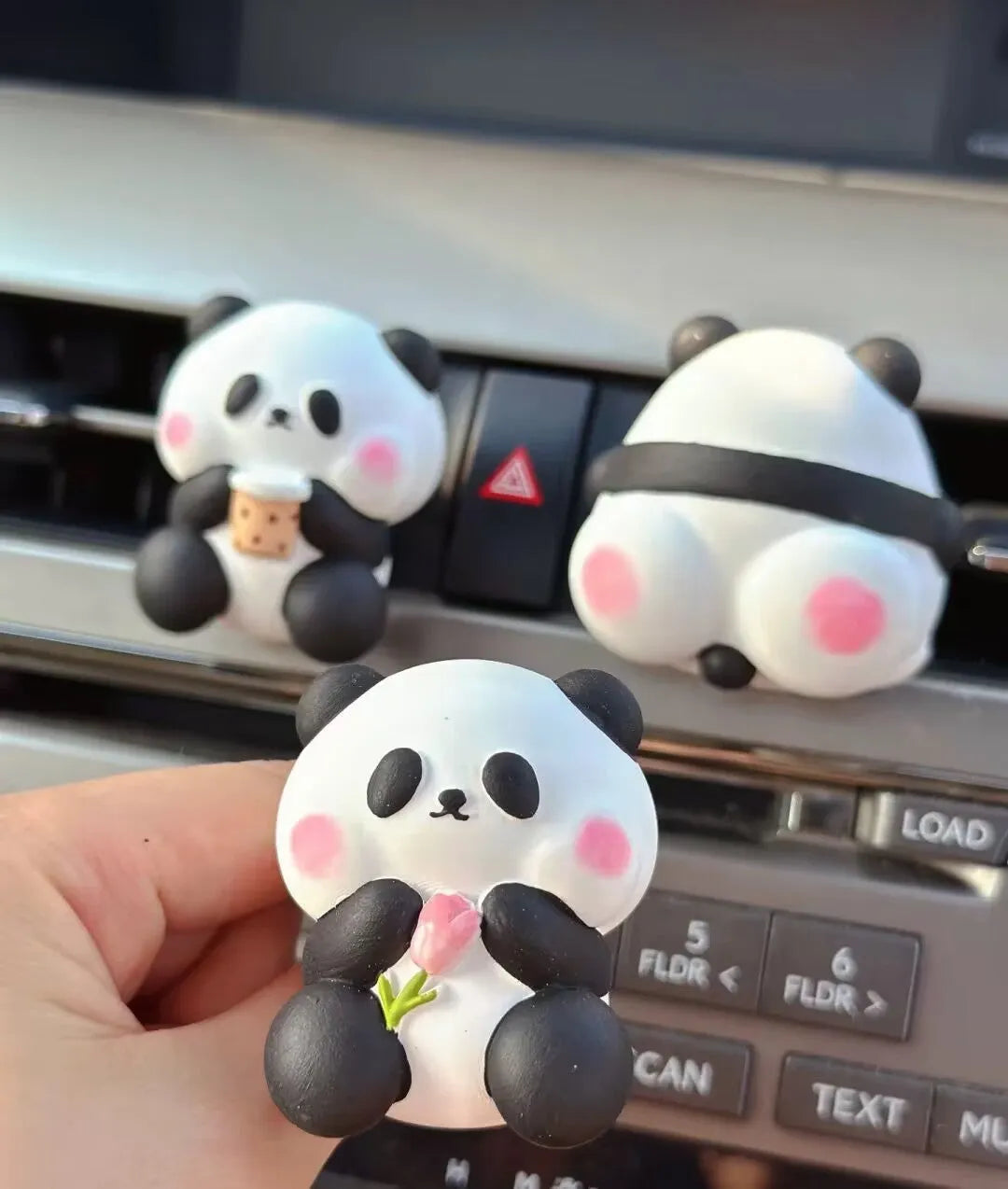 Panda car vent perfume decoration showing three design options: milk tea panda, flower panda and back panda