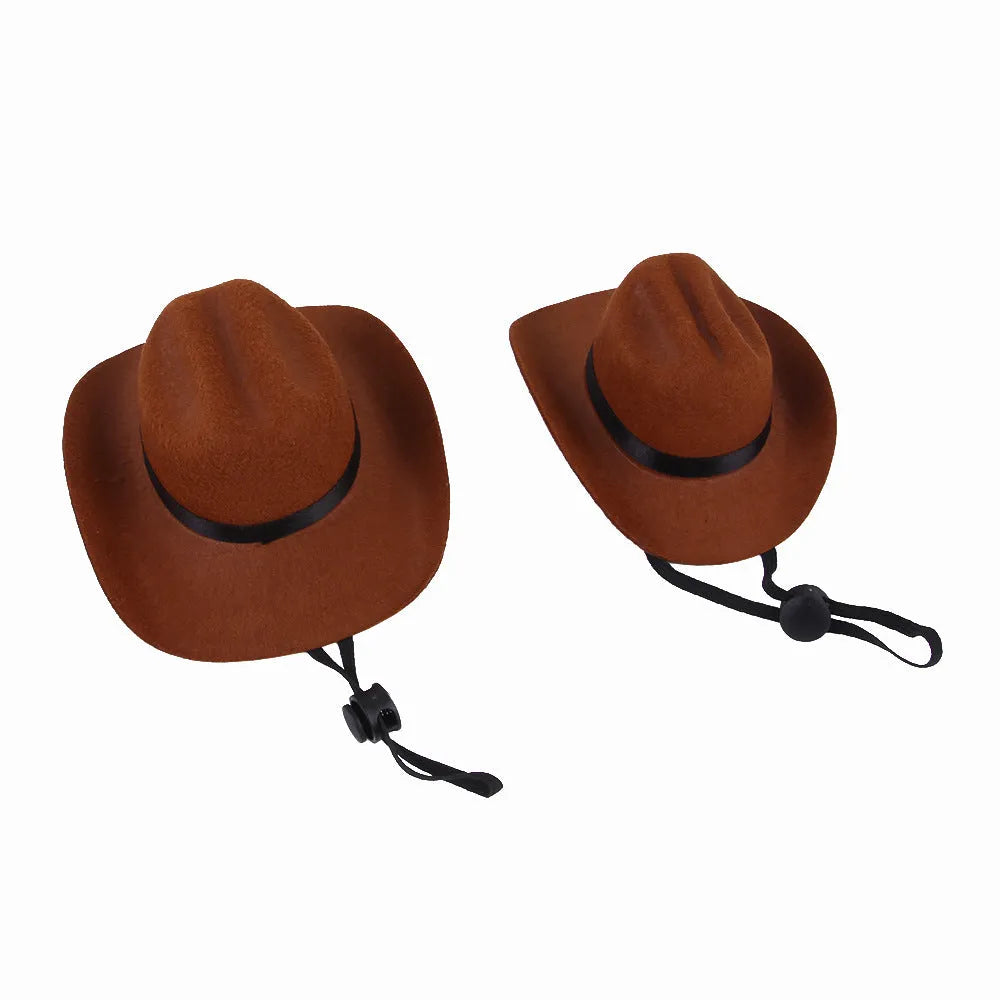 A brown adjustable cowboy hat for a small dog or cat on a white background.