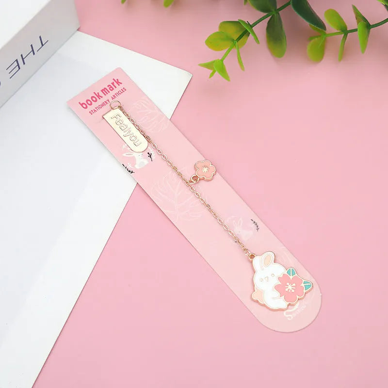 Metal pendant bookmark with cherry blossom cartoon cat design for books and journals
