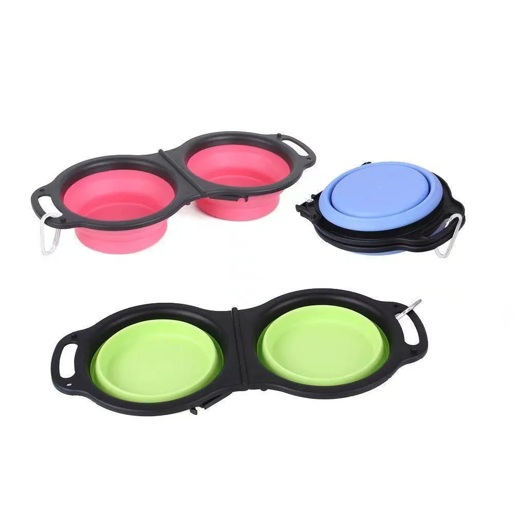 Blue silicone folding double pet bowl shown open for use and collapsed flat for storage.