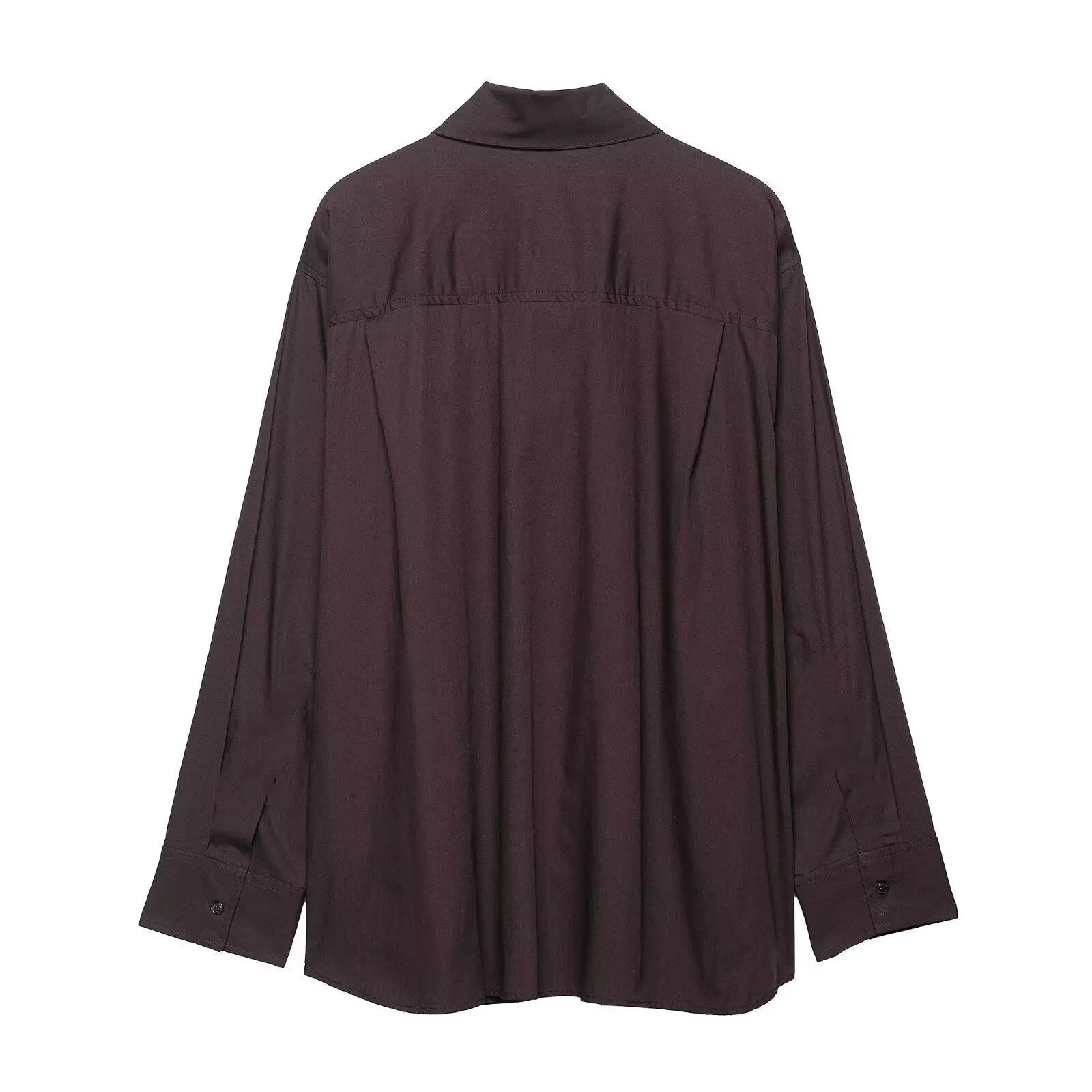 Brown women's poplin shirt with cardigan-style front and bow tie detail, long sleeves and loose fit