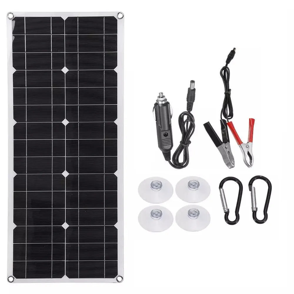 30W semi-flexible solar panel with USB and DC charging ports for outdoor use.