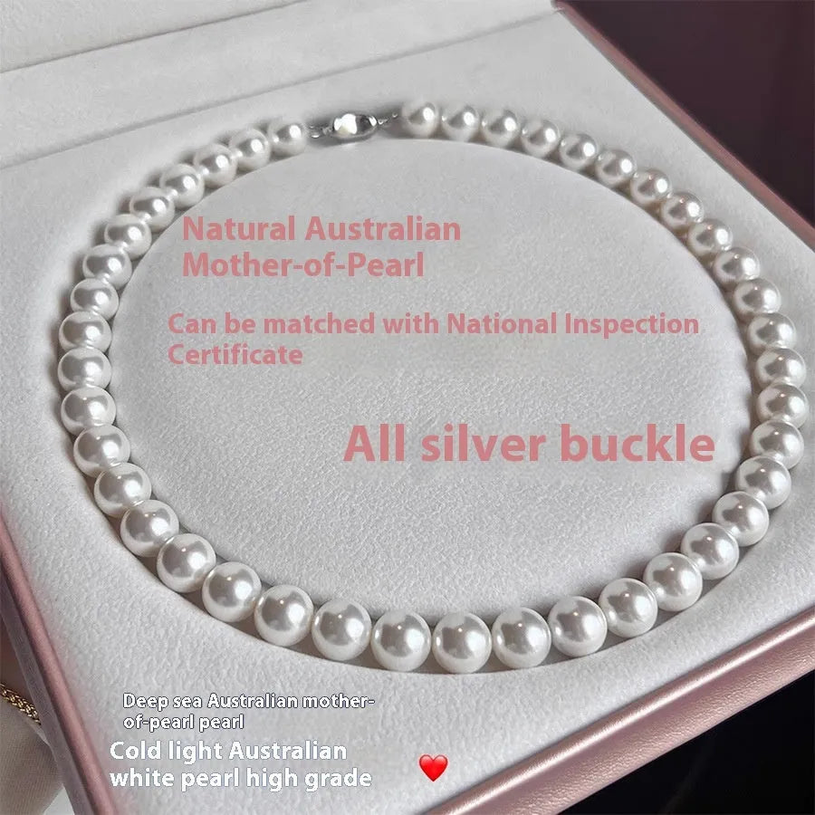925 silver ingot buckle necklace with Australian white shell pearls on a model, unisex clavicle chain style