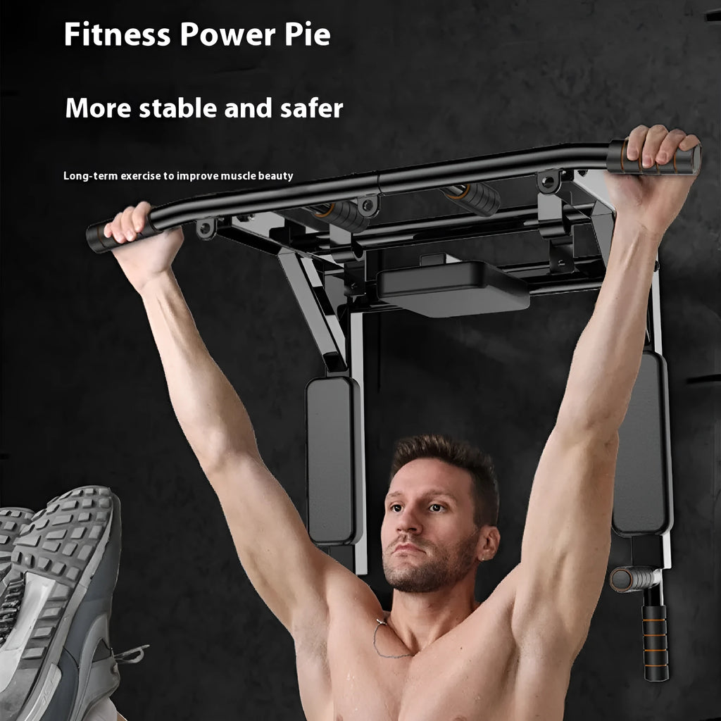 Black wall-mounted fitness equipment with parallel bars and sandbag rack for indoor and outdoor training