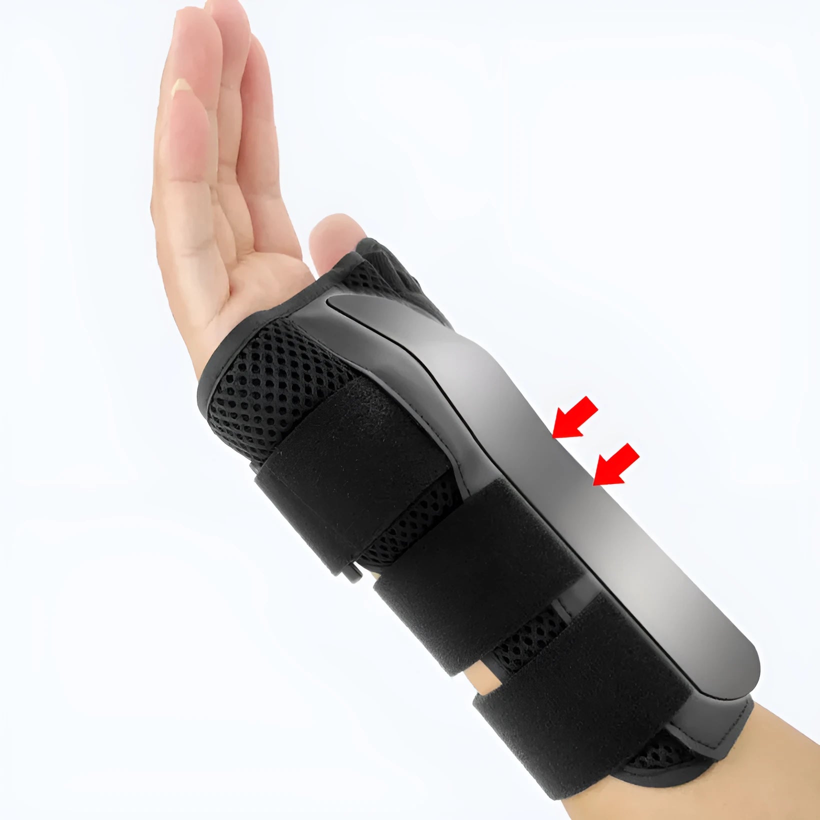 Black carbon fibre wrist guard with thumb strap and grey edging, shown for left hand.
