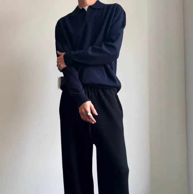 Men's pure wool polo sweater with lapel collar in milky white or navy blue