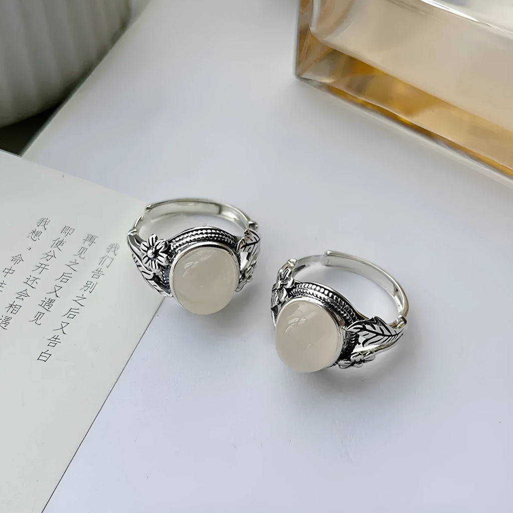 Adjustable vintage copper ring with antique finish and imitation white chalcedony colour
