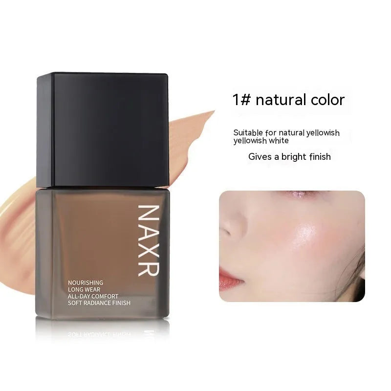 Liquid foundation bottle for oil control and brightening, available in natural color and ivory white shades.