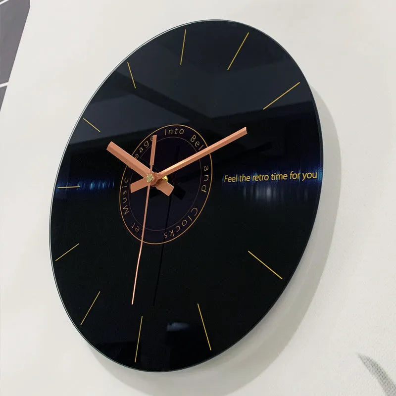 Retro 3D stereo acrylic vinyl CD record wall clock with glass front, 12 inch diameter, gold pointer style on white background