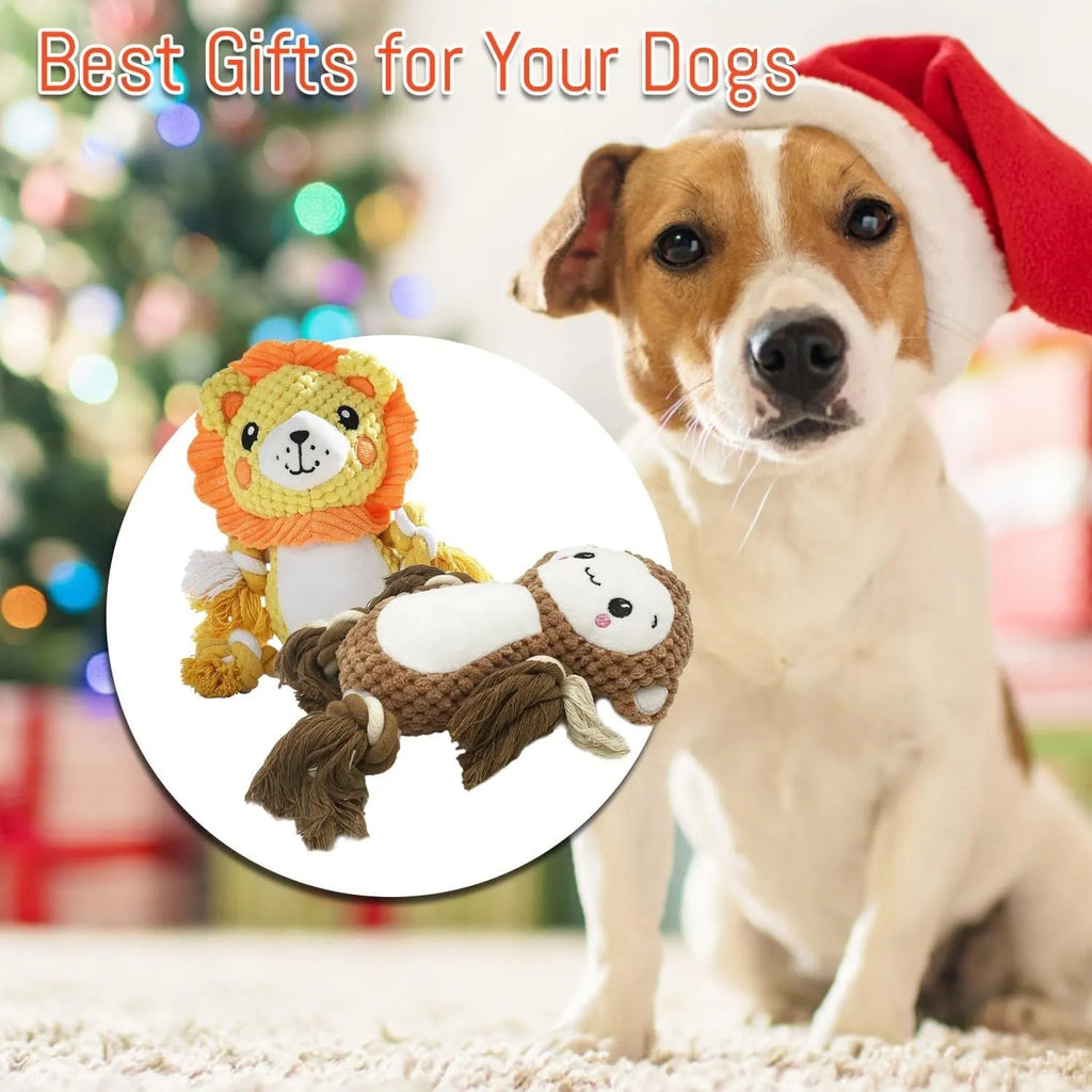 Stuffed squeaky dog toys bundle showing lion and monkey plush designs with internal squeakers