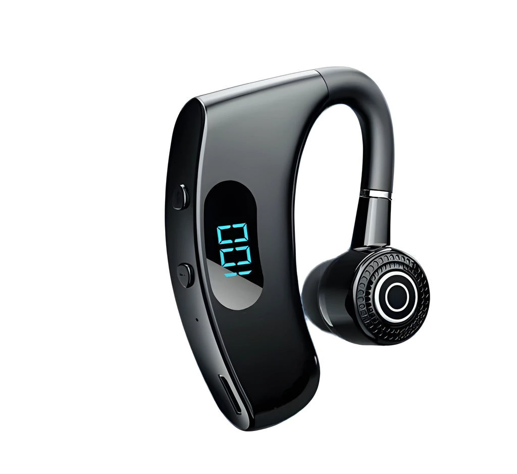 Digital display business earphones with charging compartment, Bluetooth 5.2, and 68-hour battery life in black