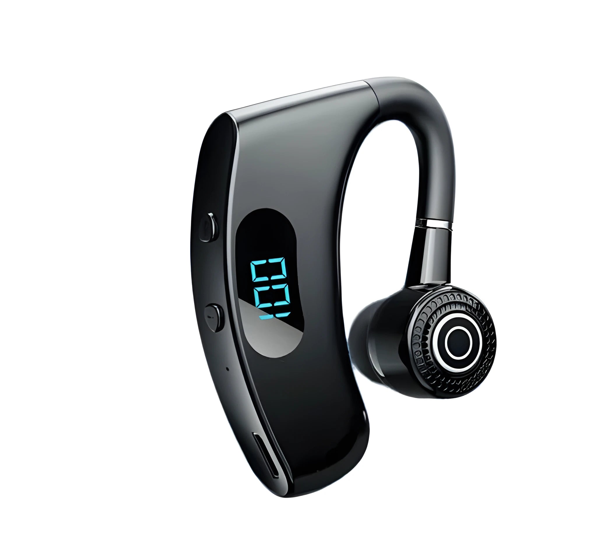 Digital display business earphones with charging compartment, Bluetooth 5.2, and 68-hour battery life in black