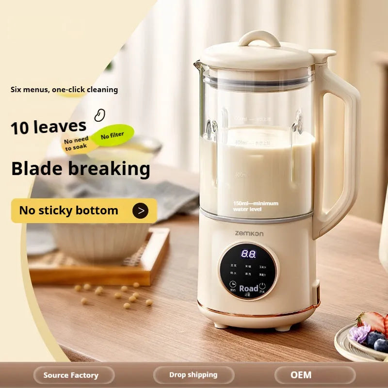 Household soy milk machine with glass body in milky white colour showing touch controls and 1.2L capacity