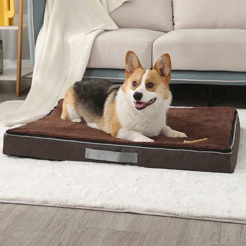 Removable cover sponge dog mat in brown, shown on a wooden floor.