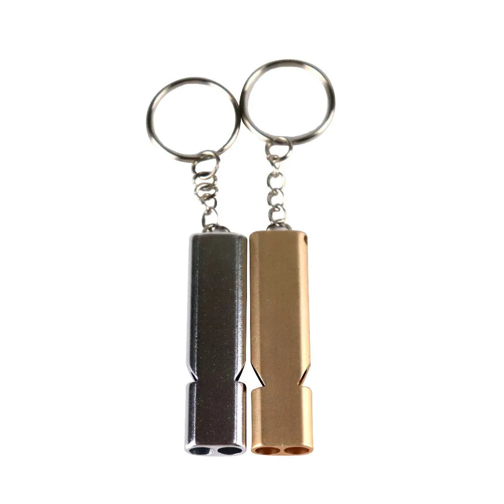 Silver and gold aluminium alloy double hole outdoor survival whistle.