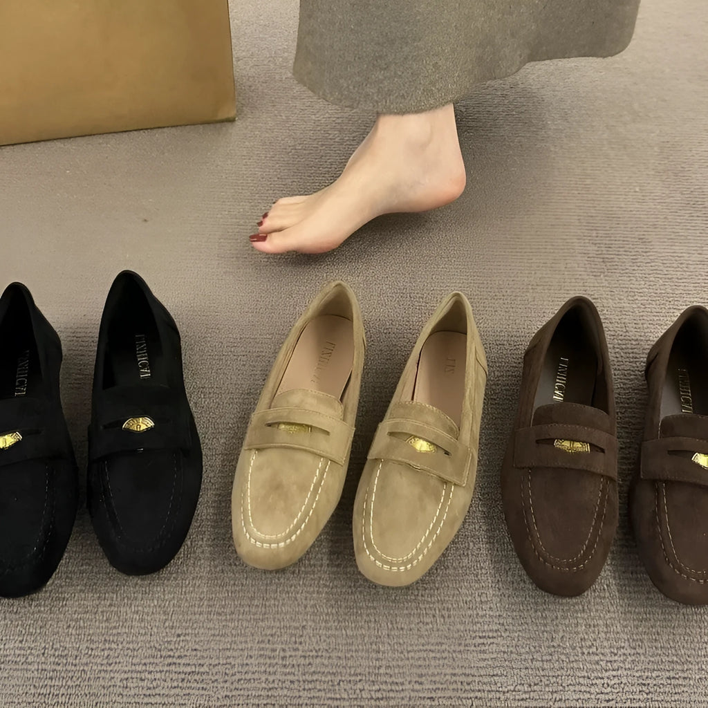 Suede leather shoes with thick bottom flat heel round toe oversleeves design black colour