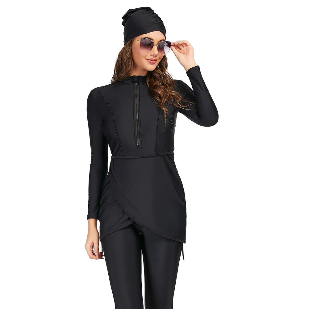 Black conservative Muslim swimsuit for ladies with separate top and pants, quick-dry fabric