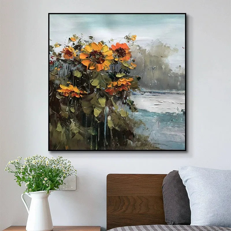 Hand-painted abstract countryside oil painting of rural landscape with sunflowers on square canvas for living room wall decor