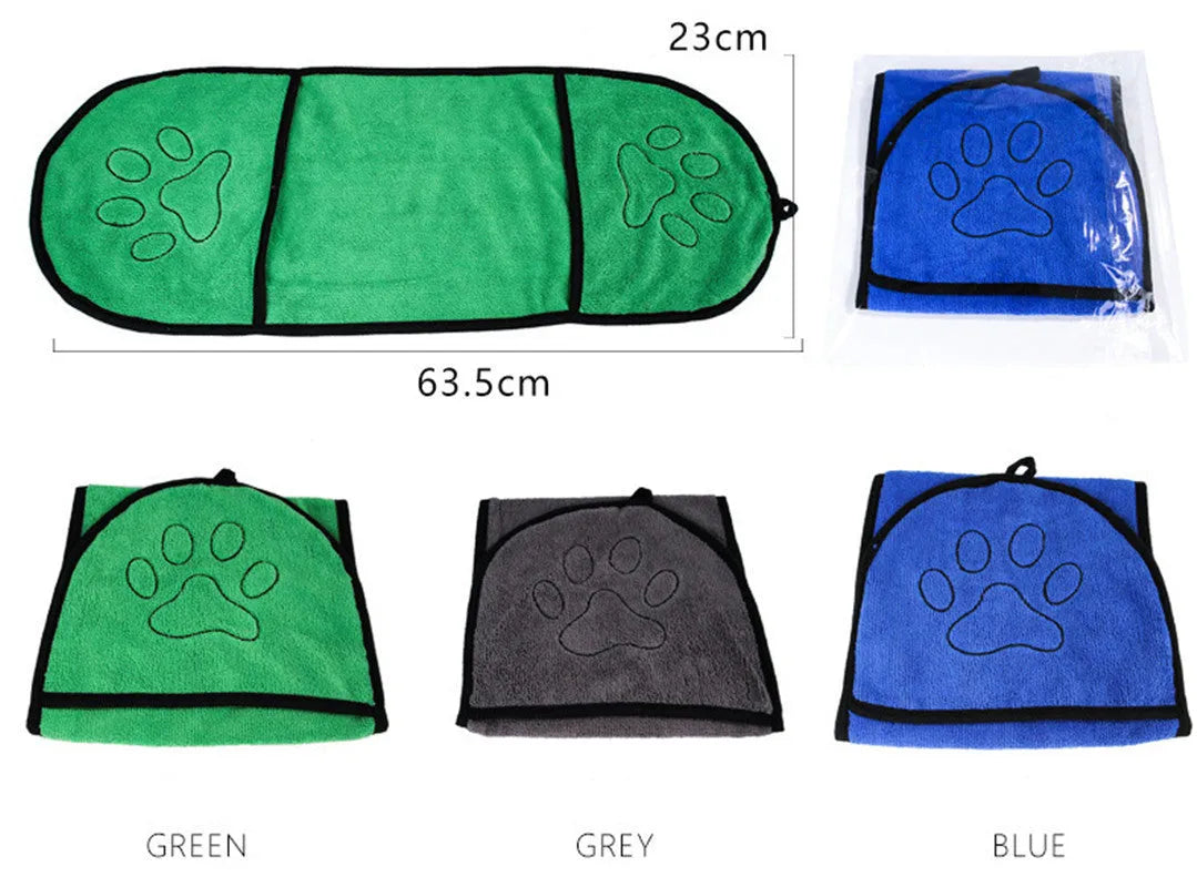 Dog bathrobe towel in blue made from absorbent fibre material for drying pets