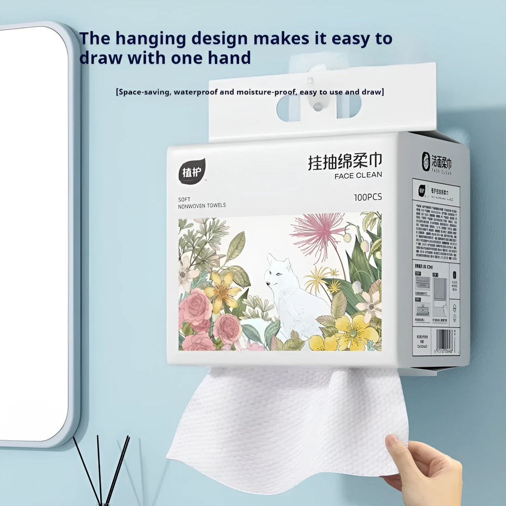 Disposable face cloth roll with removable hook, 100 sheet viscose polyester blend