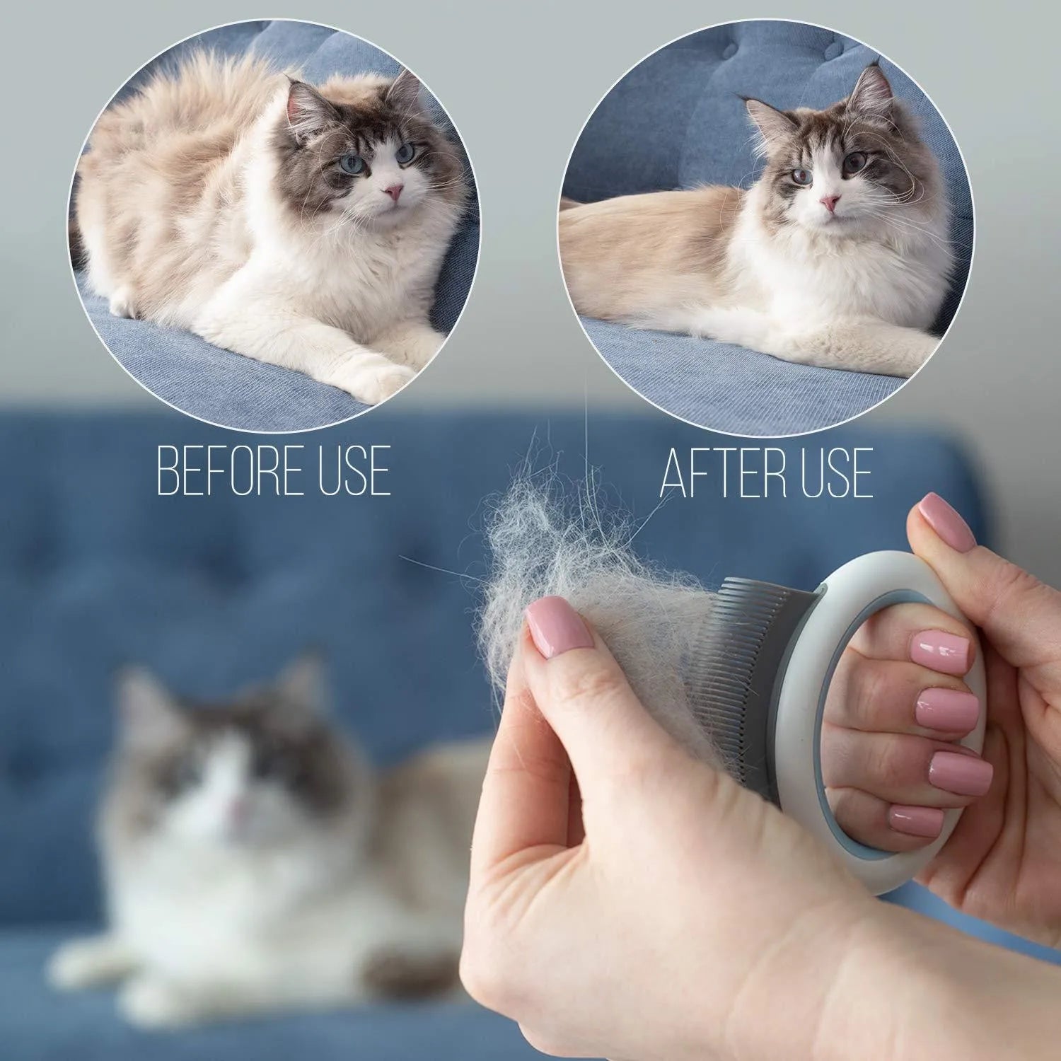 Blue pet grooming comb with soft teeth for deshedding cats and dogs on white background