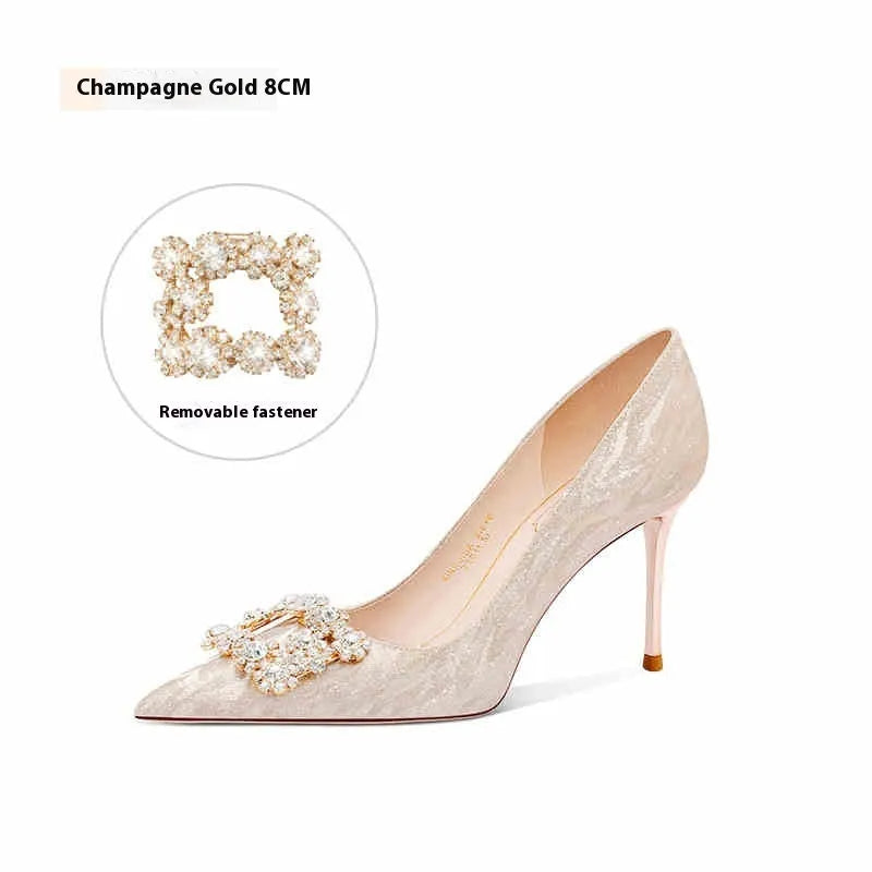 Champagne gold women's high heel pumps with pointed toe, stiletto heel, and rhinestone decoration.