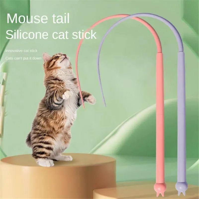 Simulated mouse tail cat teaser stick with blue silicone tail and cat head handle design