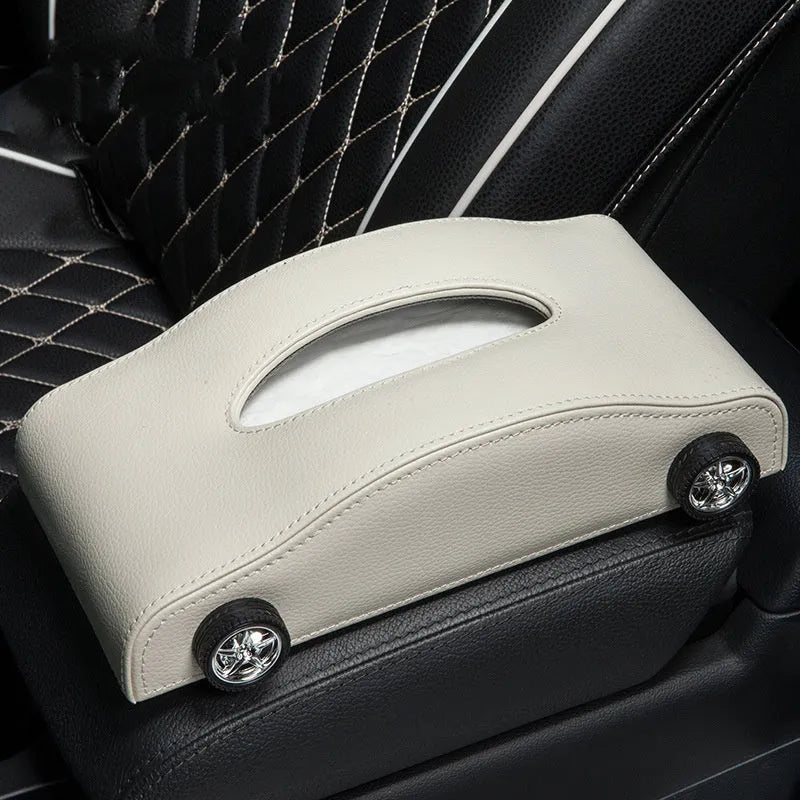 Leather car tissue box with temporary stop sign in black placed on dashboard