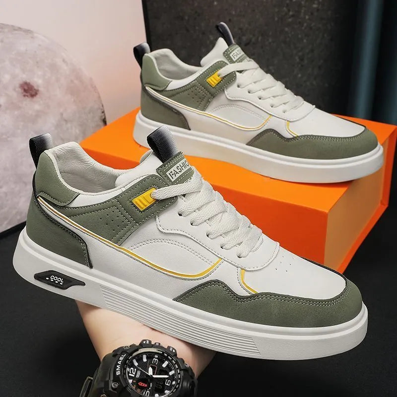 Men's low-top canvas board shoes in black, beige, or grey with leather stitching details.