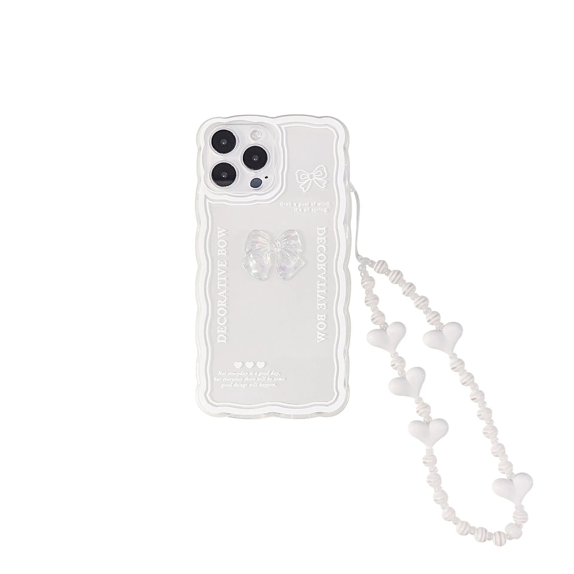 Transparent iPhone case with 3D ice-through bow design on TPU material showing phone compatibility