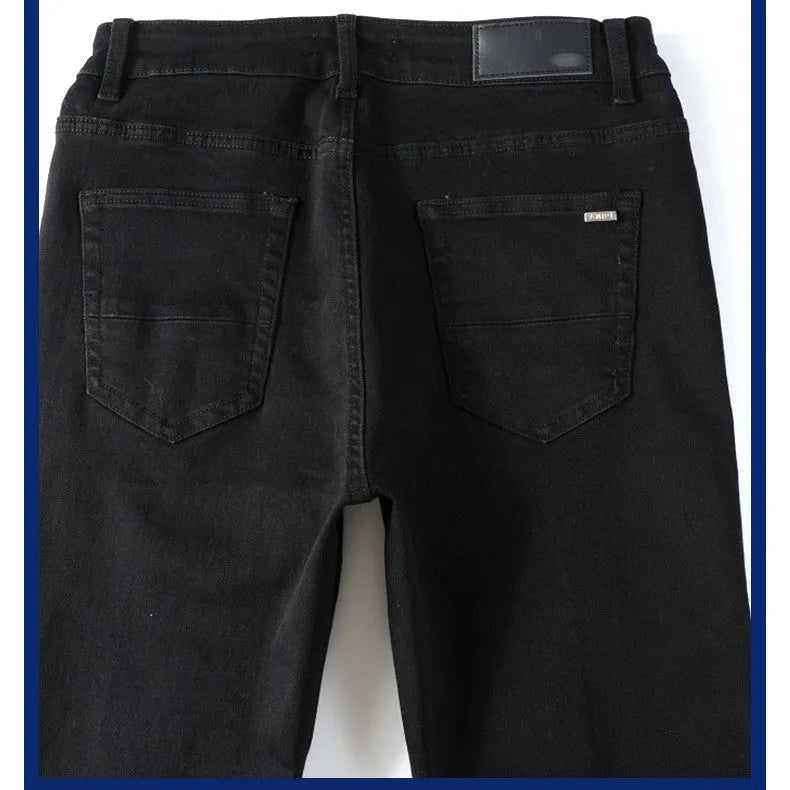 Black Patch Pleated Jeans For Men Cotton 98% Micro-elastic Double Waistband Zipper Placket Casual Trousers Black Asian Sizes 28-40