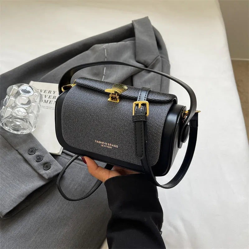 Women's square PU messenger bag in beige with contrast stitching and a single shoulder strap.